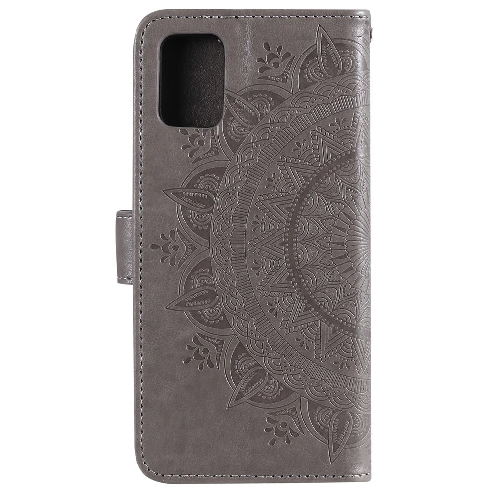 Imprinted Mandala Flower PU Leather Case Flip Stand Wallet Phone Cover with Strap for Samsung Galaxy A51 4G - Grey - 3