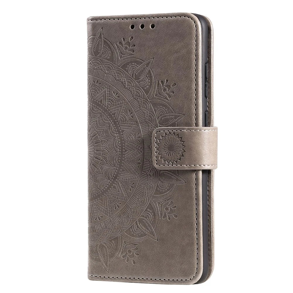 Imprinted Mandala Flower PU Leather Case Flip Stand Wallet Phone Cover with Strap for Samsung Galaxy A51 4G - Grey - 4