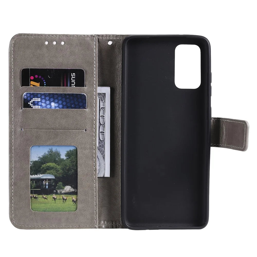 Imprint Flower Leather Wallet Phone Casing for Samsung Galaxy S20 Plus / S20 Plus 5G - Grey - 6
