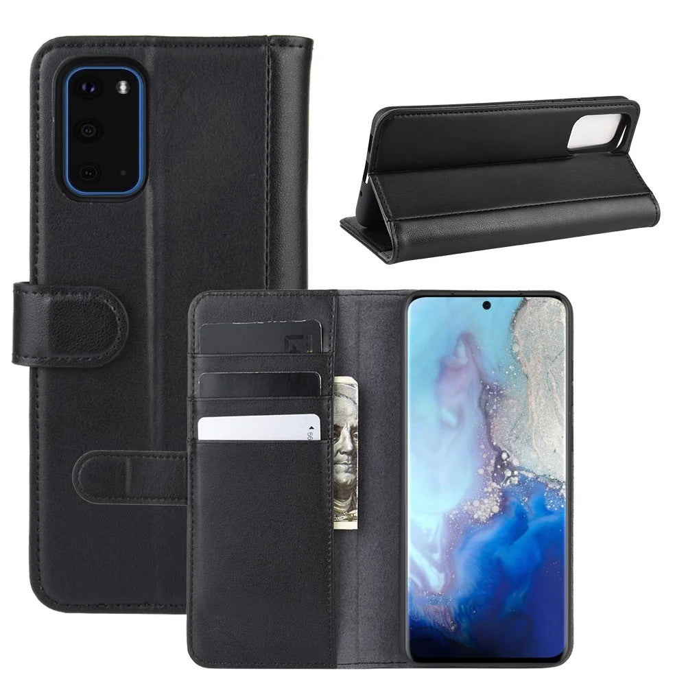 Split Leather Wallet Stand Phone Case for Samsung Galaxy S20 4G/S20 5G Cell Phone Accessory - Black - 1