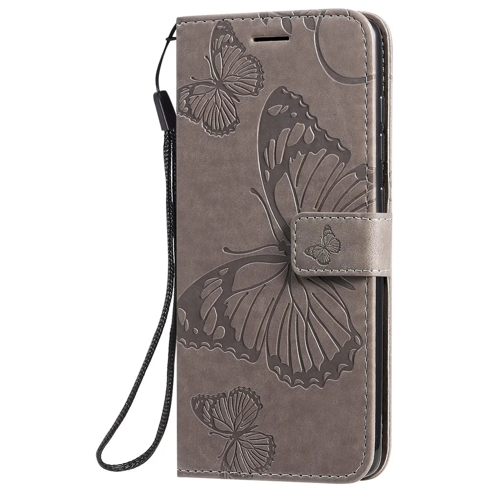 For Samsung Galaxy A51 Wallet Case Floral Butterfly Imprinted Leather Phone Cover Stand - Grey - 3