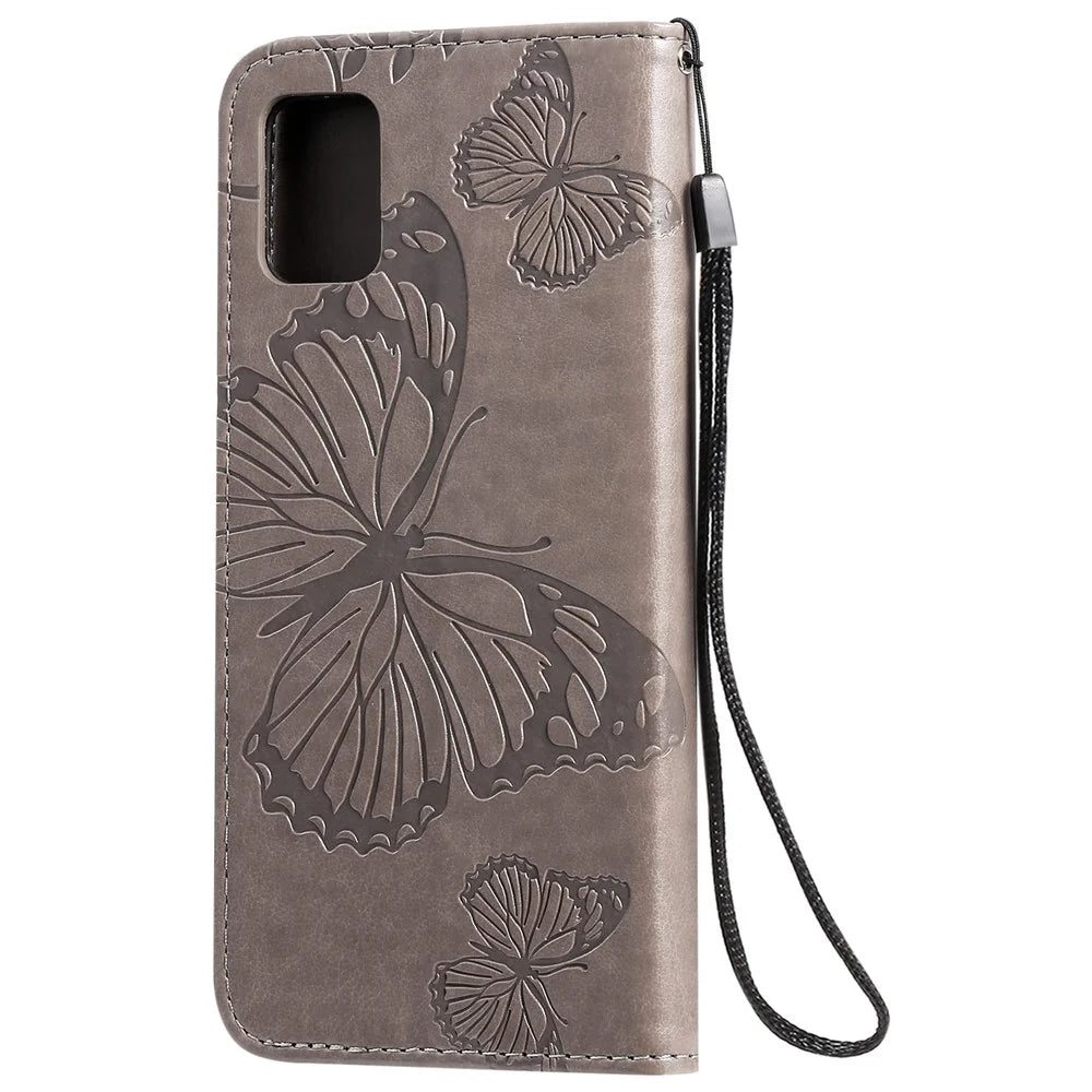 For Samsung Galaxy A51 Wallet Case Floral Butterfly Imprinted Leather Phone Cover Stand - Grey - 4