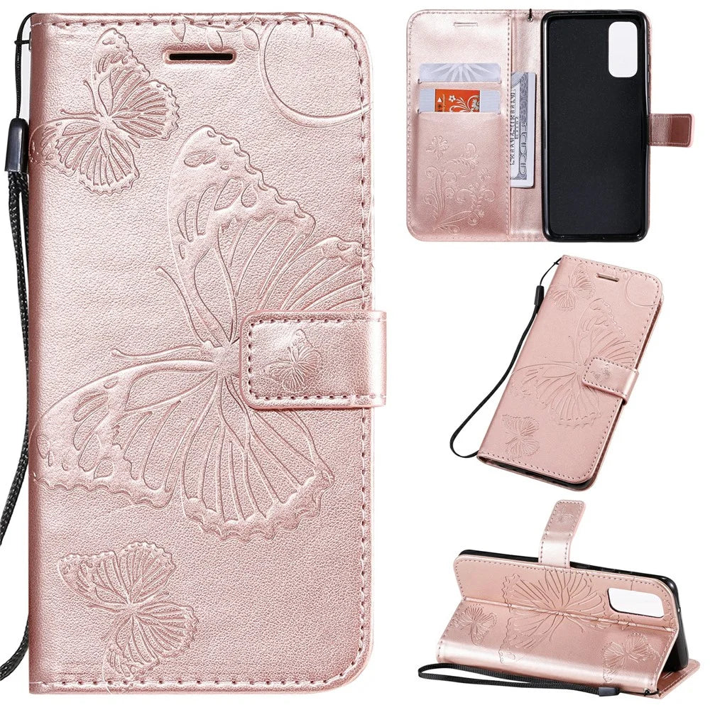 For Samsung Galaxy S20 4G / S20 5G Wallet Case Floral Butterfly Imprinted Leather Phone Cover Stand - Rose Gold - 1