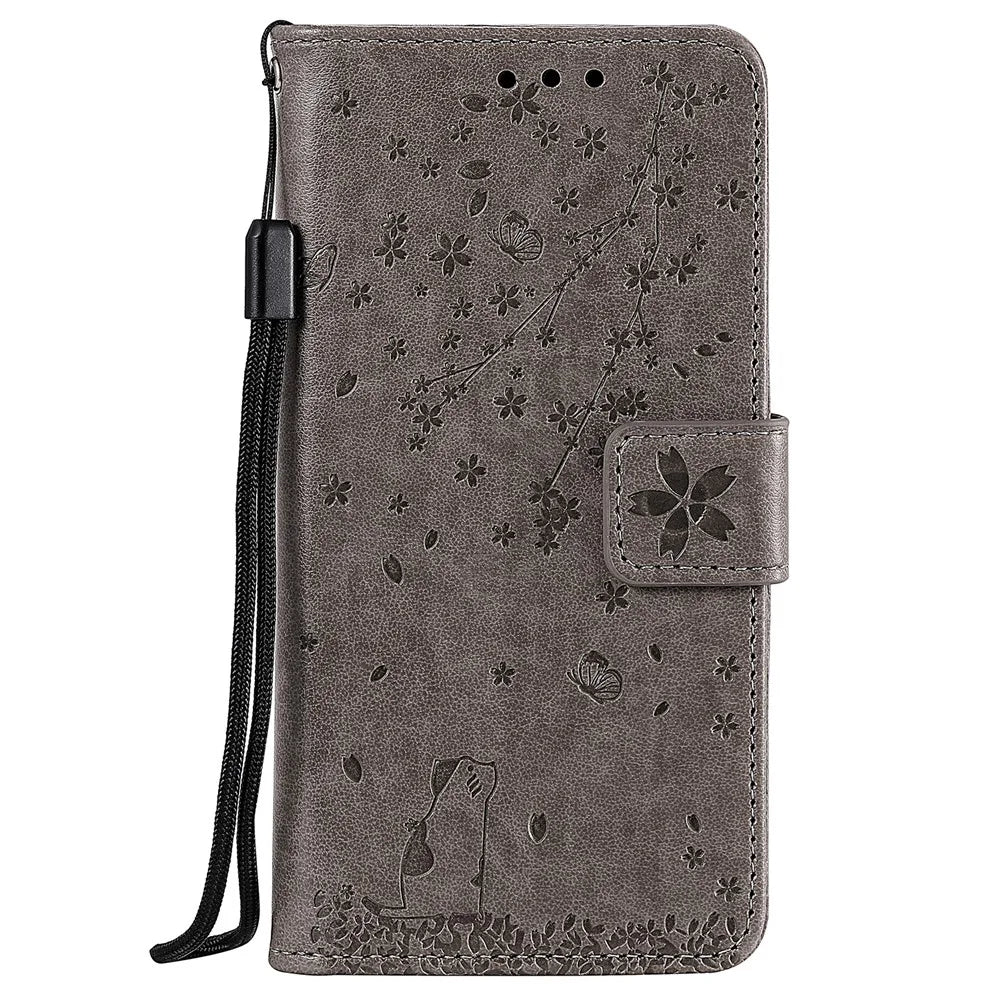 Imprint Sakura Cat Leather Covering with Card Slots for Samsung Galaxy A71 - Grey - 2