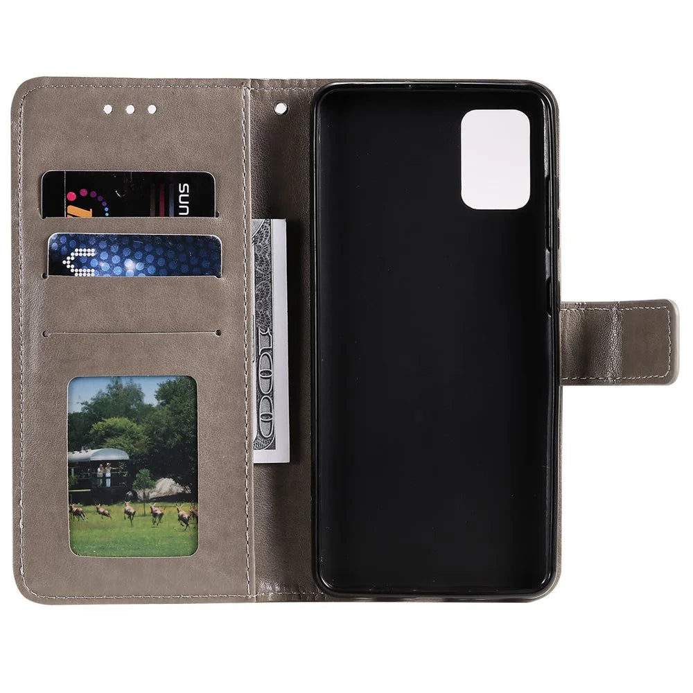 Imprint Sakura Cat Leather Covering with Card Slots for Samsung Galaxy A71 - Grey - 5