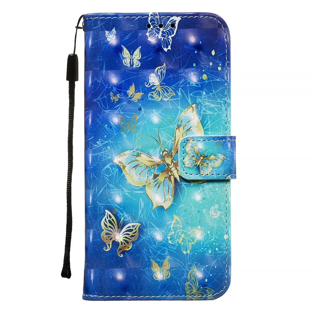 3D Painting Style Leather Phone Wallet Stand Case for Samsung Galaxy A71 - Blue Shiny Butterflies - 2
