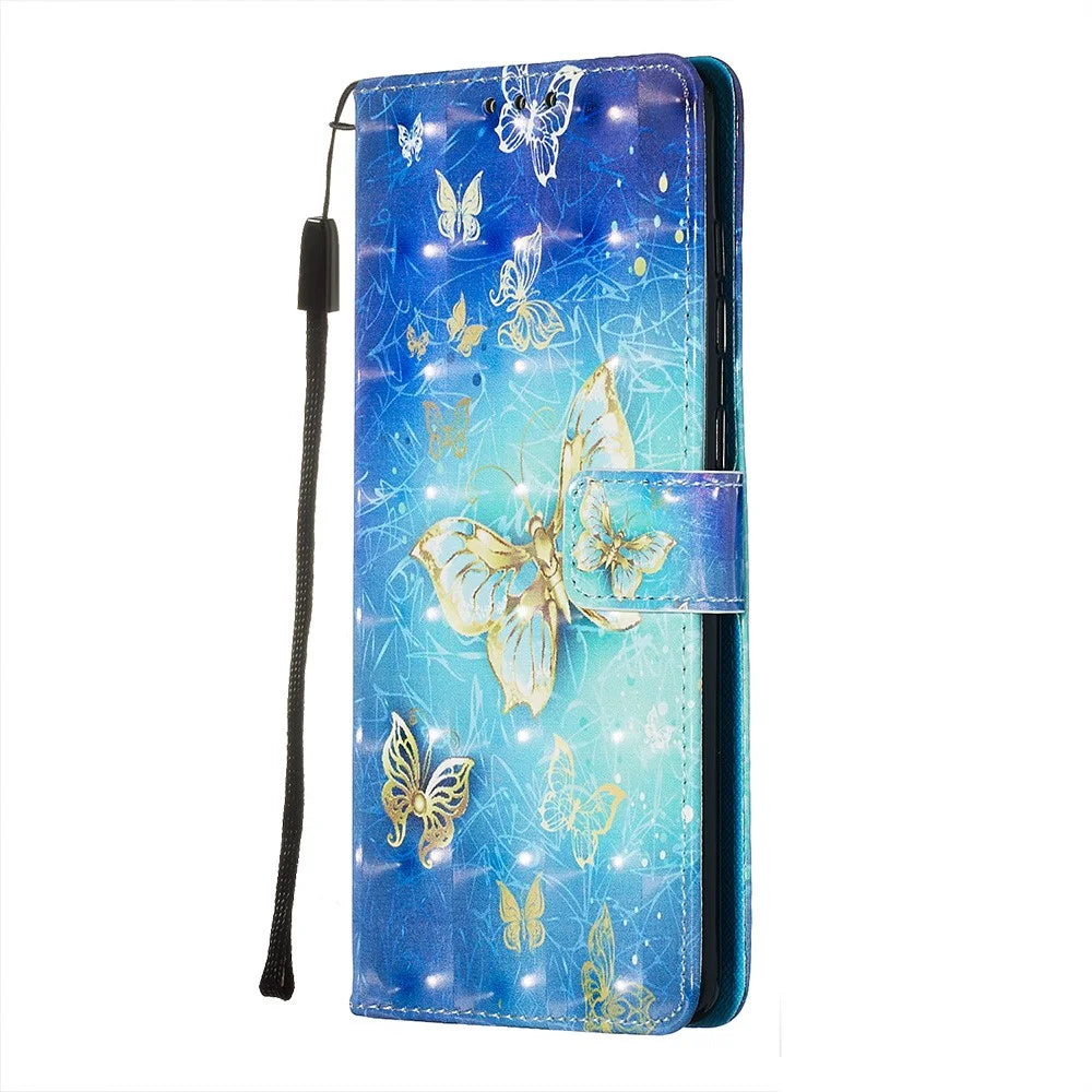 3D Painting Style Leather Phone Wallet Stand Case for Samsung Galaxy A71 - Blue Shiny Butterflies - 4