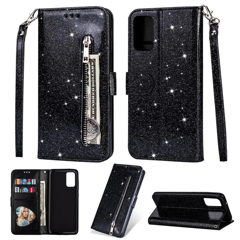 Glitter Powder Zippered Stand Leather Wallet Case with Strap for Samsung Galaxy S20 Plus / S20 Plus 5G - Black - 1