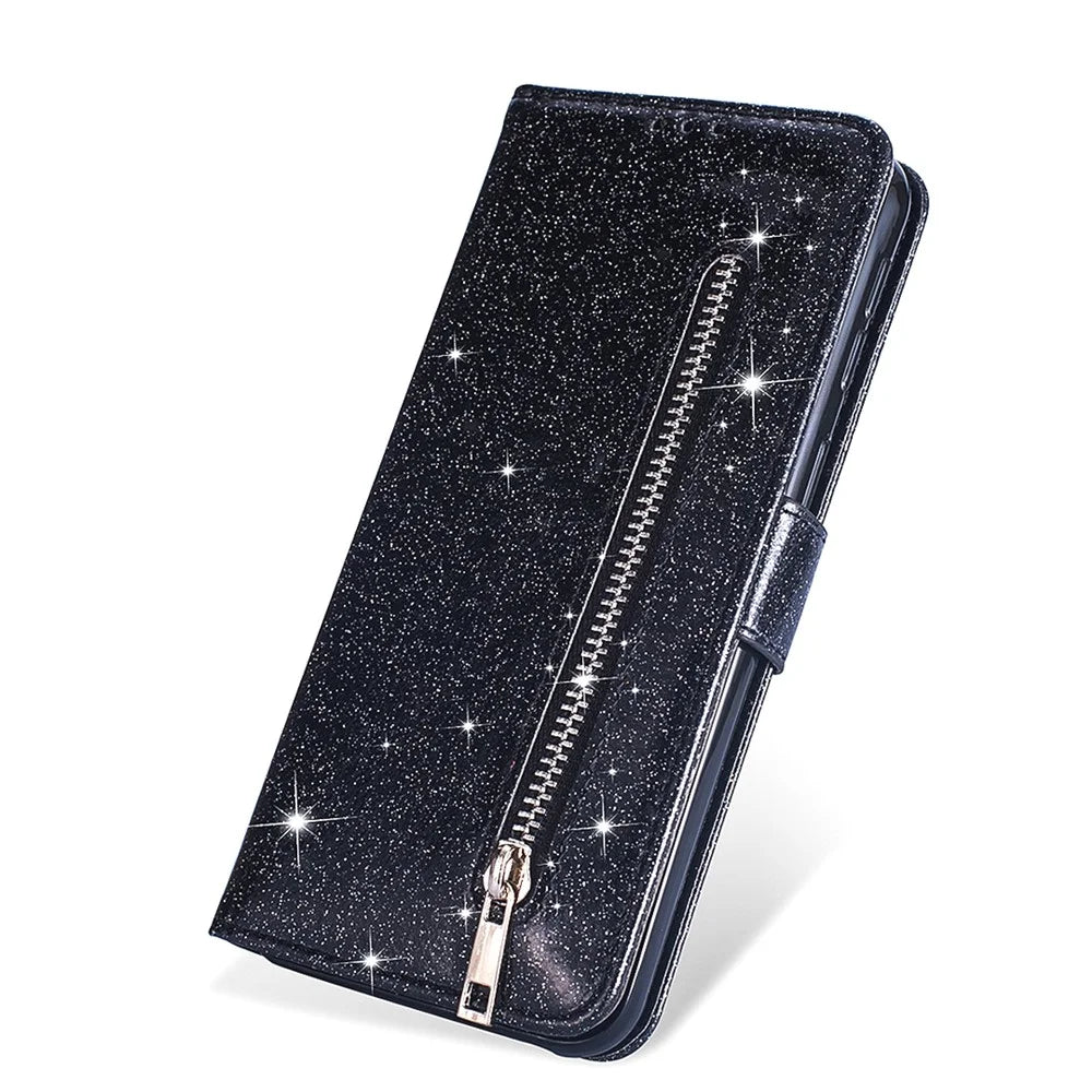 Glitter Powder Zippered Stand Leather Wallet Case with Strap for Samsung Galaxy S20 Plus / S20 Plus 5G - Black - 2