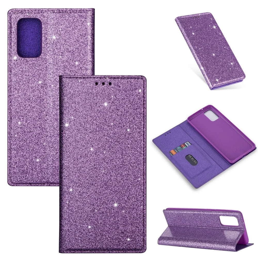 Flash Powder Auto-absorbed Leather Stand Shell for Samsung Galaxy S20 4G/S20 5G - Purple - 1