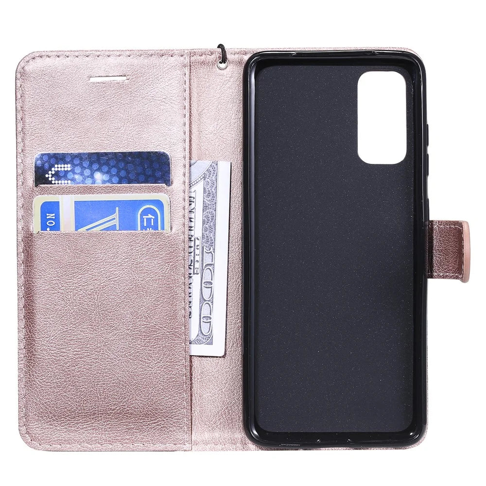 For Samsung Galaxy S20 4G / S20 5G Case Solid Color Leather Mobile Cover Wallet Stand with Strap - Rose Gold - 4