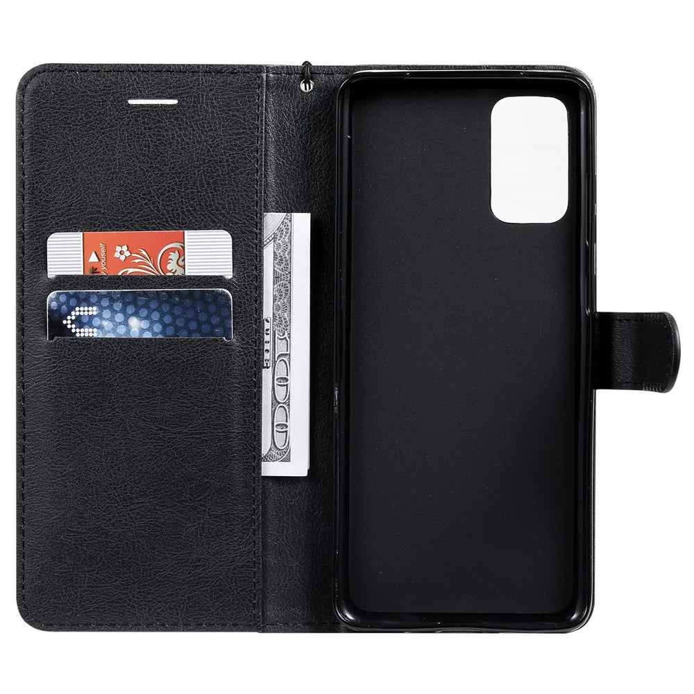 For Samsung Galaxy S20 Plus Case Solid Color Leather Mobile Cover Wallet Stand with Strap - Black - 4