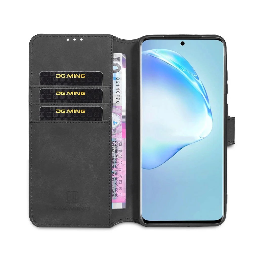 DG.MING Retro Style Leather Wallet Stand Protective Shell Case for Samsung Galaxy S20 4G/S20 5G - Black - 4