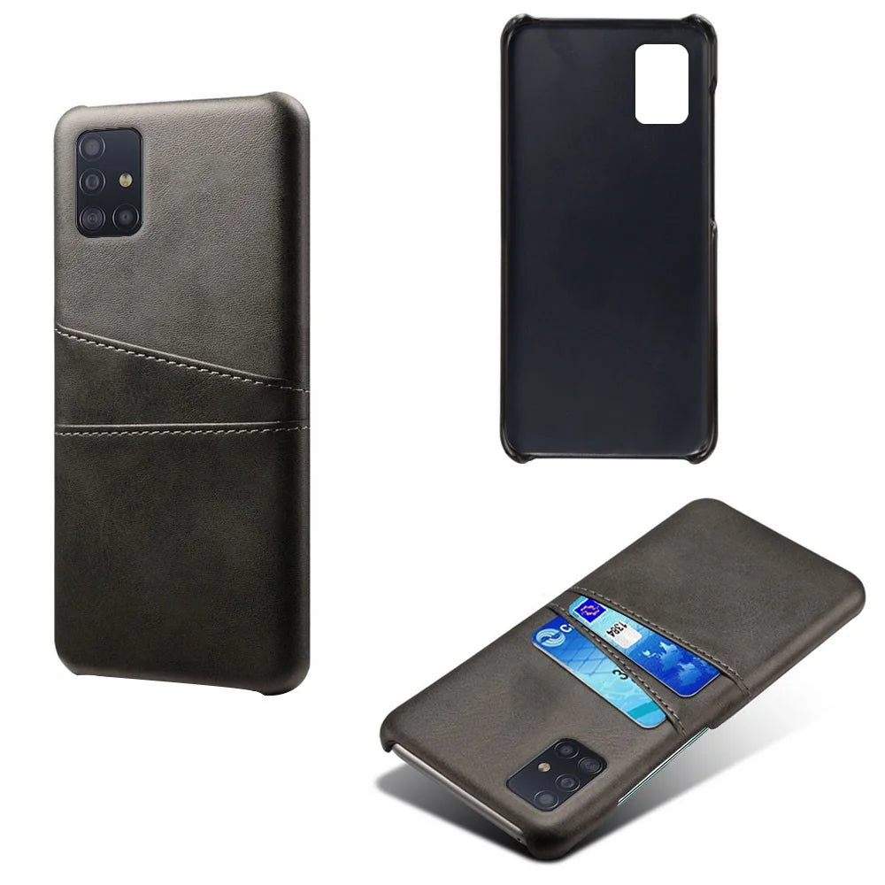 Double Card Slots PU Leather Coated Hard PC Case for Samsung Galaxy A71 A715 - Black - 1