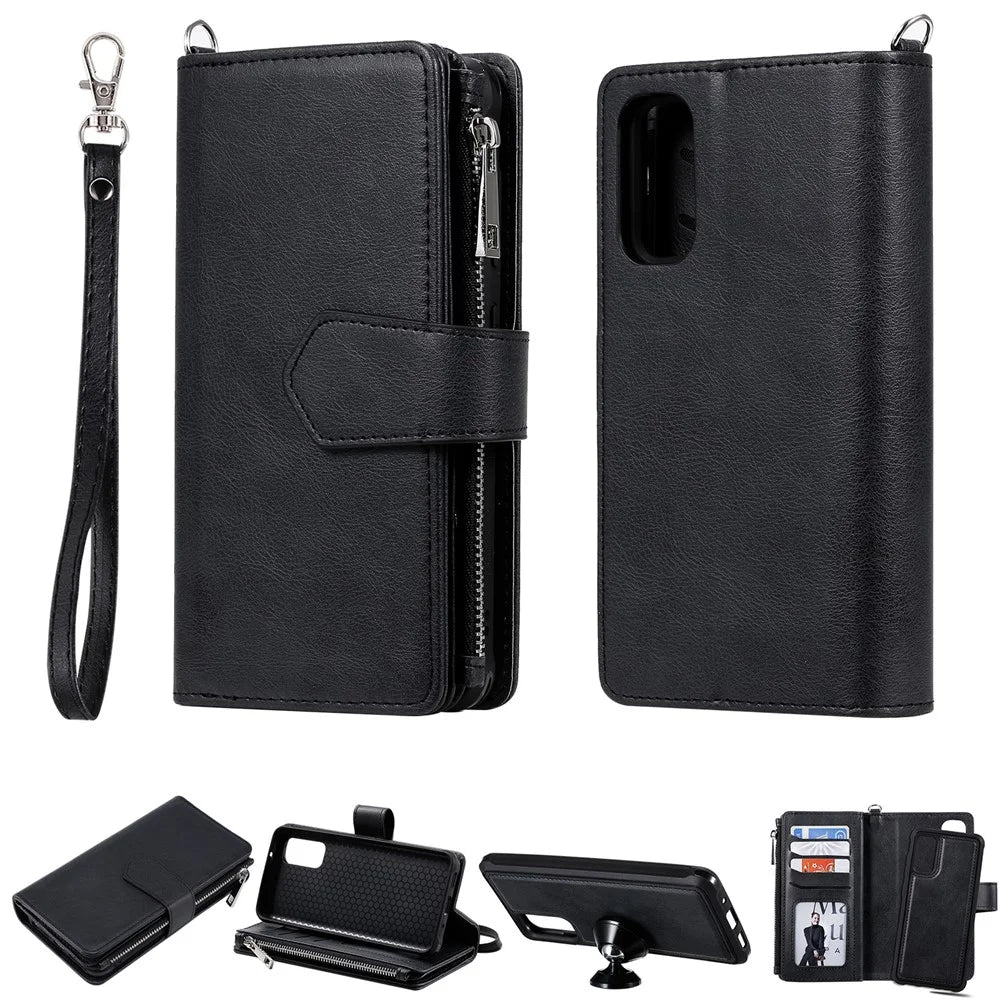 For Samsung Galaxy S20 4G / S20 5G Case 2 in 1 Detachable Magnetic Leather Wallet Mobile Cover with Strap - Black - 1