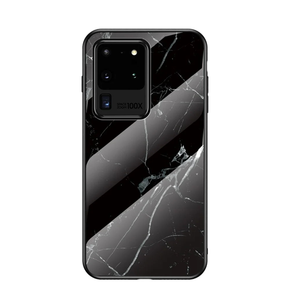 Marble Pattern Tempered Glass Case PC + TPU Hybrid Cover for Samsung Galaxy S20 Ultra - Black - 2