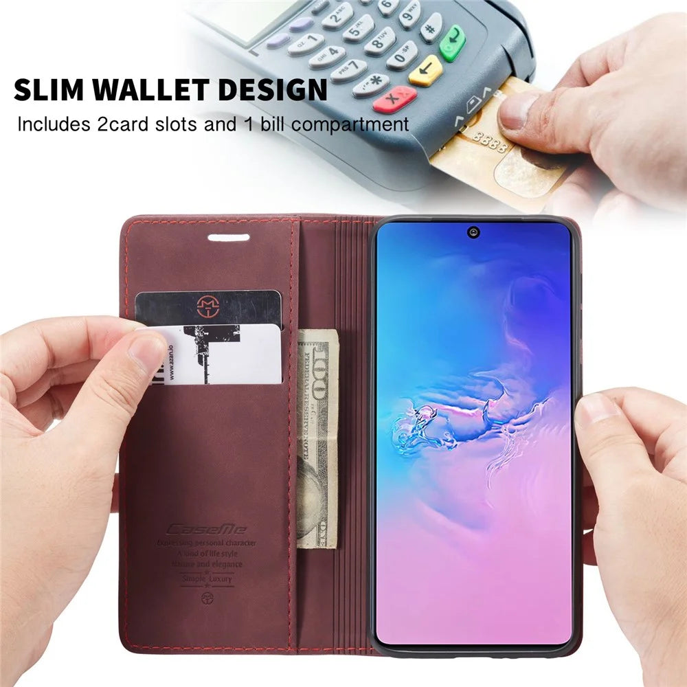 CASEME 013 Series Flip Wallet Leather Mobile Case for Samsung Galaxy A91/S10 Lite - Wine Red - 5