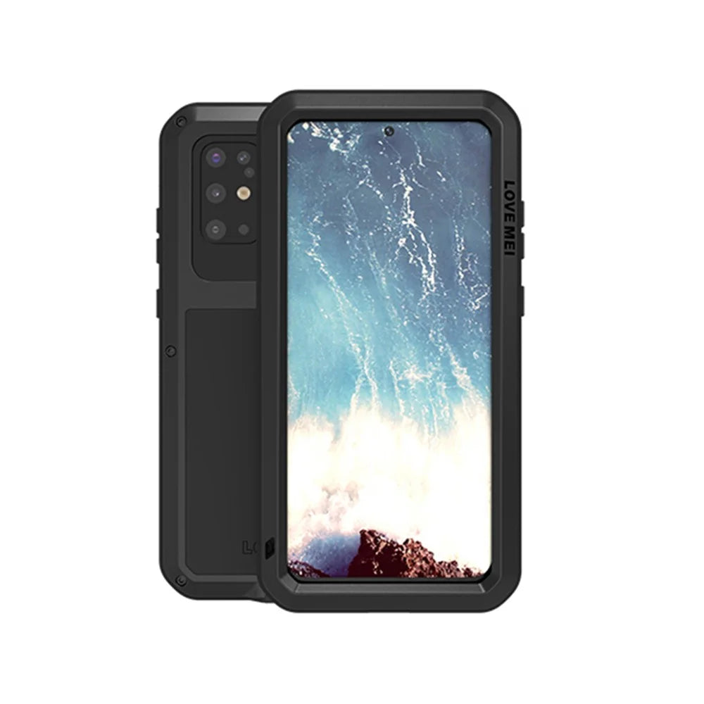 LOVE MEI Dust-proof Shock-proof Splash-proof Defender Metal+Silicone+Tempered Glass Phone Protection Shell Phone Cover for Samsung Galaxy S20 Plus - Black - 1