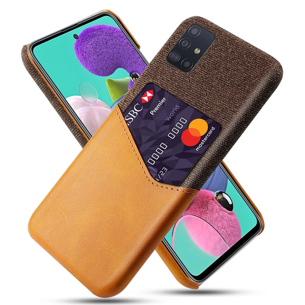 Cloth + PU Leather Coated PC Phone Cover with Card Holder for Samsung Galaxy A51 - Brown - 1