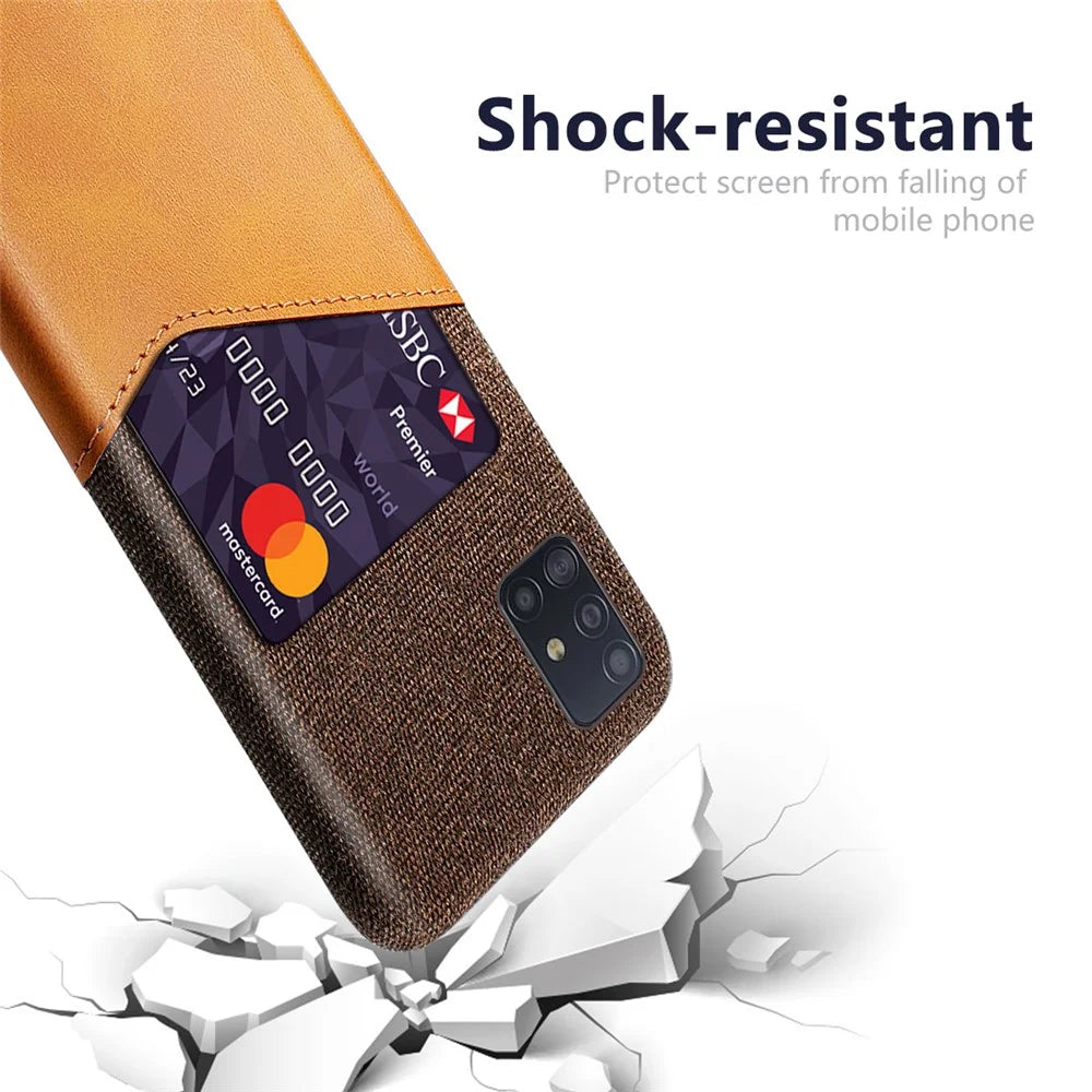 Cloth + PU Leather Coated PC Phone Cover with Card Holder for Samsung Galaxy A51 - Brown - 3