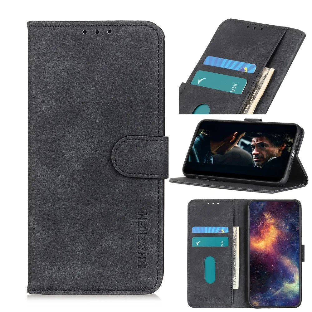 KHAZNEH Retro PU Leather Wallet Cell Phone Case for Samsung Galaxy Xcover Pro - Black - 1