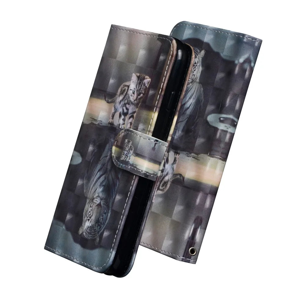 Light Spot Decor Patterned Leather Wallet Stand Case for Samsung Galaxy A91/S10 Lite - Cat and Reflection in Water - 4