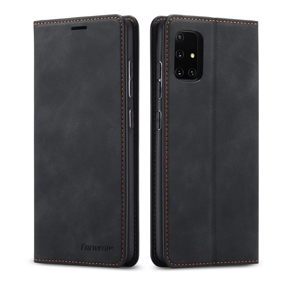 FORWENW Fantasy Series Silky Touch Cell Phone Leather Wallet Case for Samsung Galaxy A51 - Black - 1