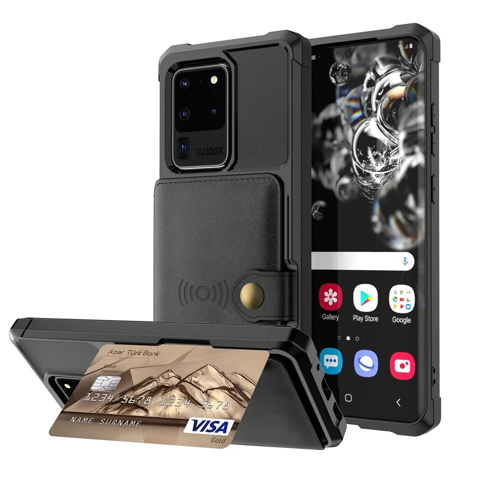 Leather Coated TPU with Wallet Kickstand Shell with Built-in Magnetic Sheet for Samsung Galaxy S20 Ultra - Black - 1