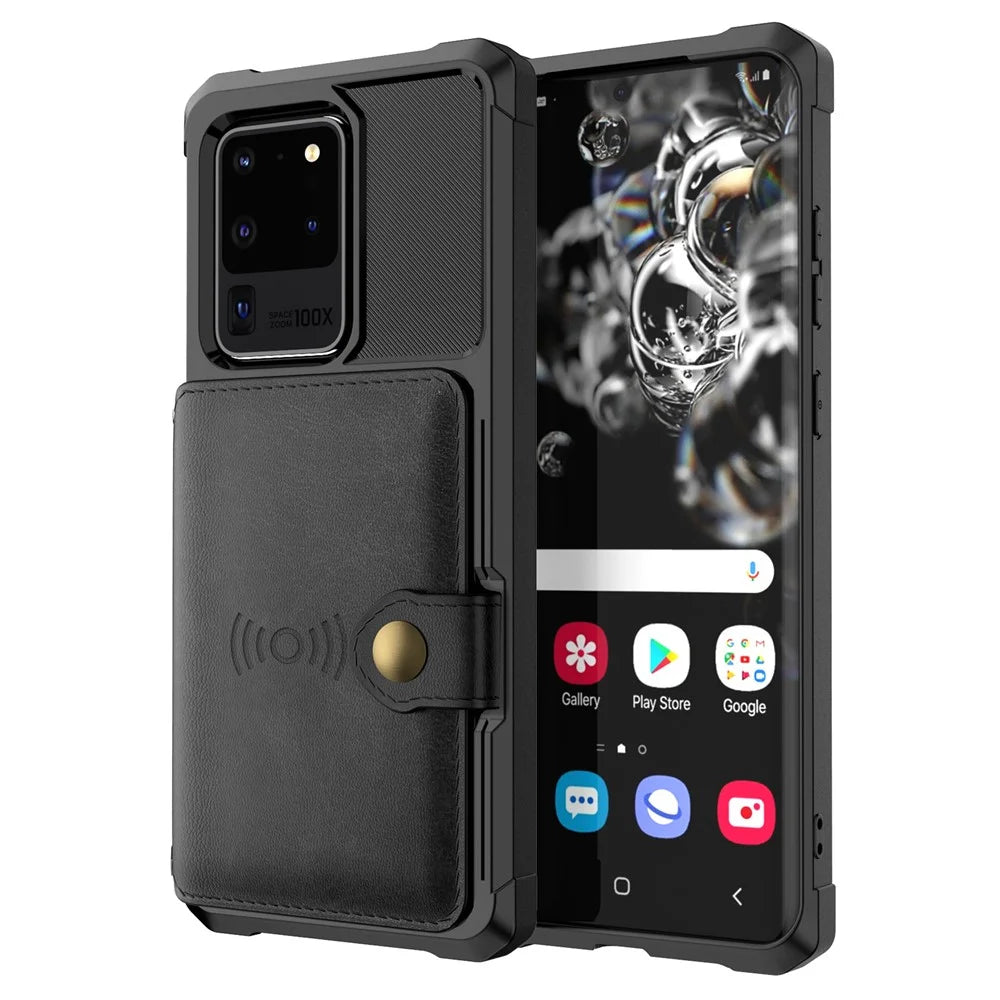 Leather Coated TPU with Wallet Kickstand Shell with Built-in Magnetic Sheet for Samsung Galaxy S20 Ultra - Black - 2