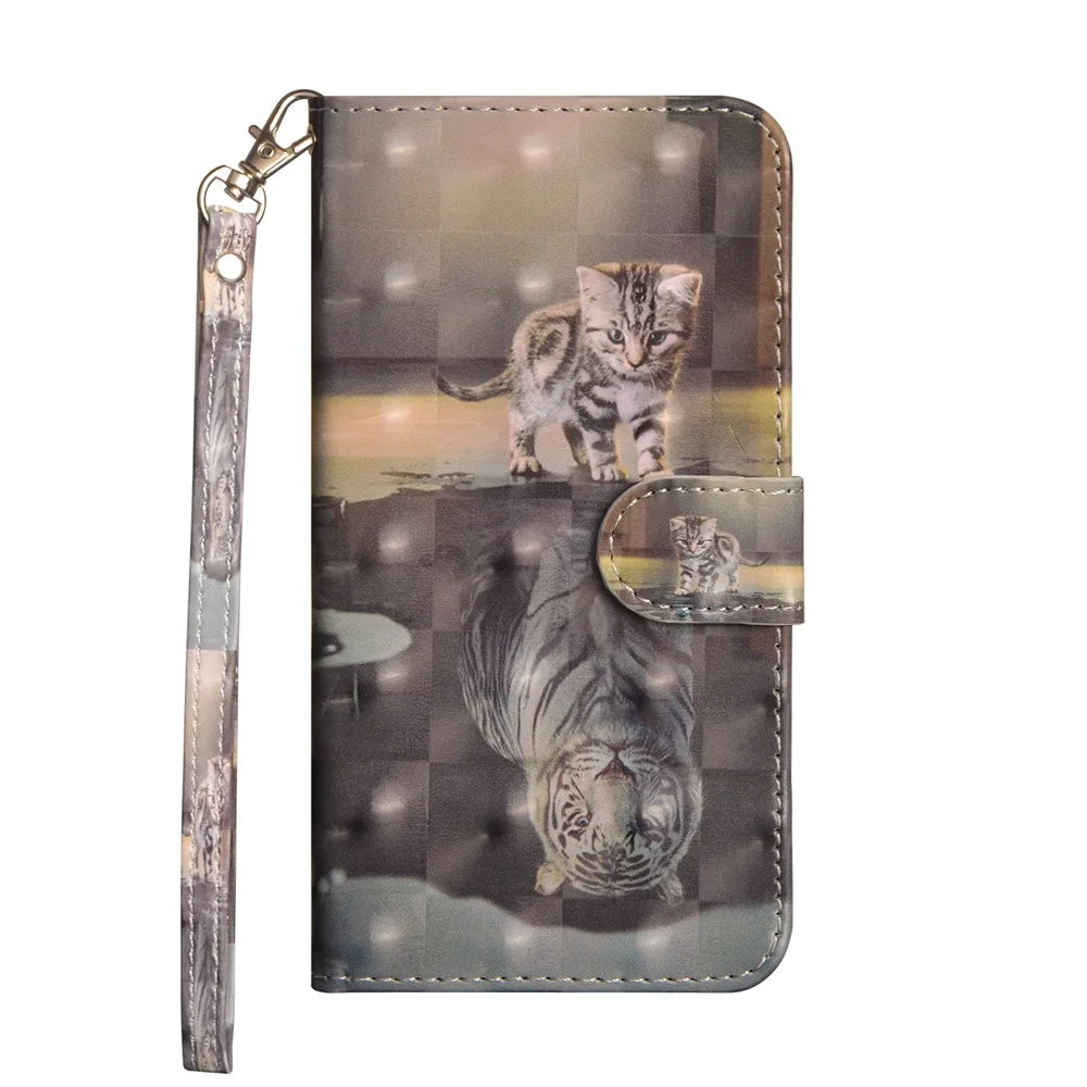 Light Spot Decor Pattern Printing Wallet Stand Leather Cover with Strap for Samsung Galaxy A31 - Cat and Tiger Reflection - 2