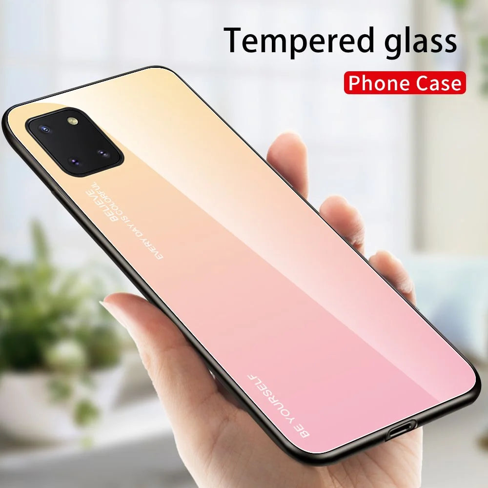 Gradient Color Tempered Glass + PC + TPU Hybrid Phone Case for Samsung Galaxy A91/S10 Lite - Gold / Pink - 2