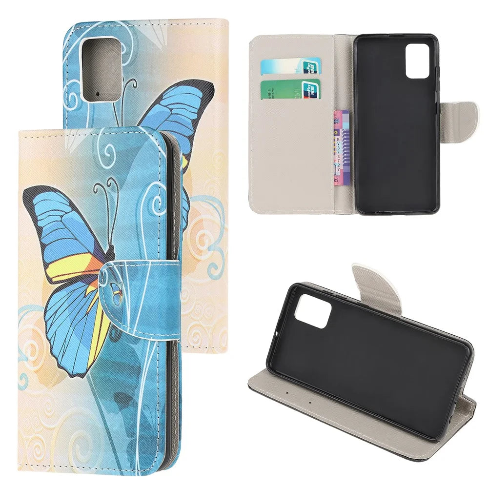 Cross Texture Patterned Flip Leather Shell Wallet Stand Phone Cover for Samsung Galaxy A31 - Blue Butterfly - 1