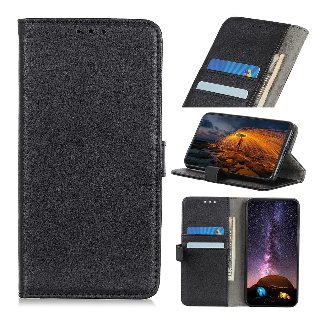 Litchi Skin Leather Wallet Stand Phone Case for Samsung Galaxy A21s - Black - 1