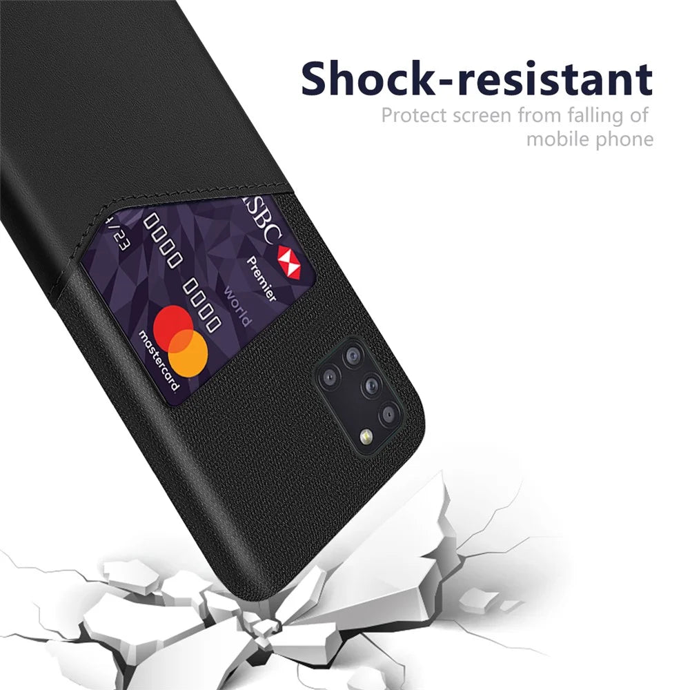 Card Holder Cloth + PU Leather Coated PC Phone Shell for Samsung Galaxy A31 - Black - 2