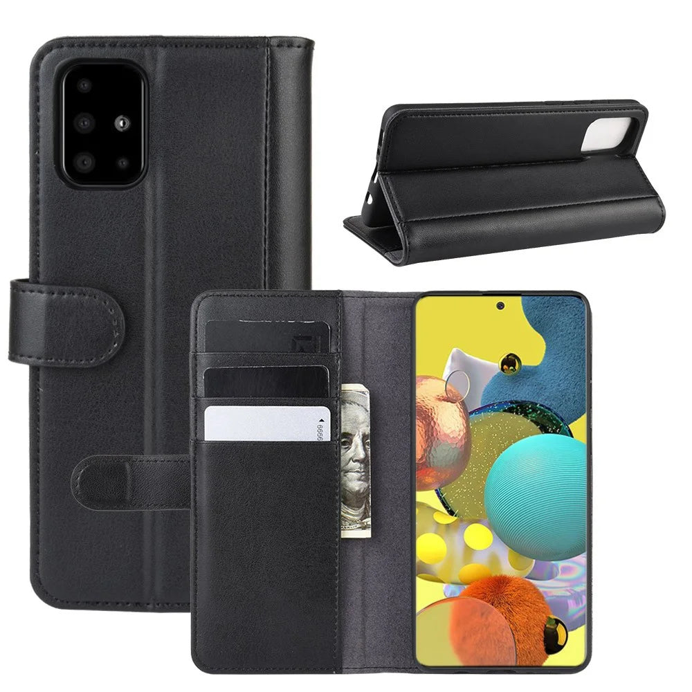 For Samsung Galaxy A51 5G SM-A516 Phone Cases Genuine Split Leather Wallet Mobile Cover Stand - Black - 1