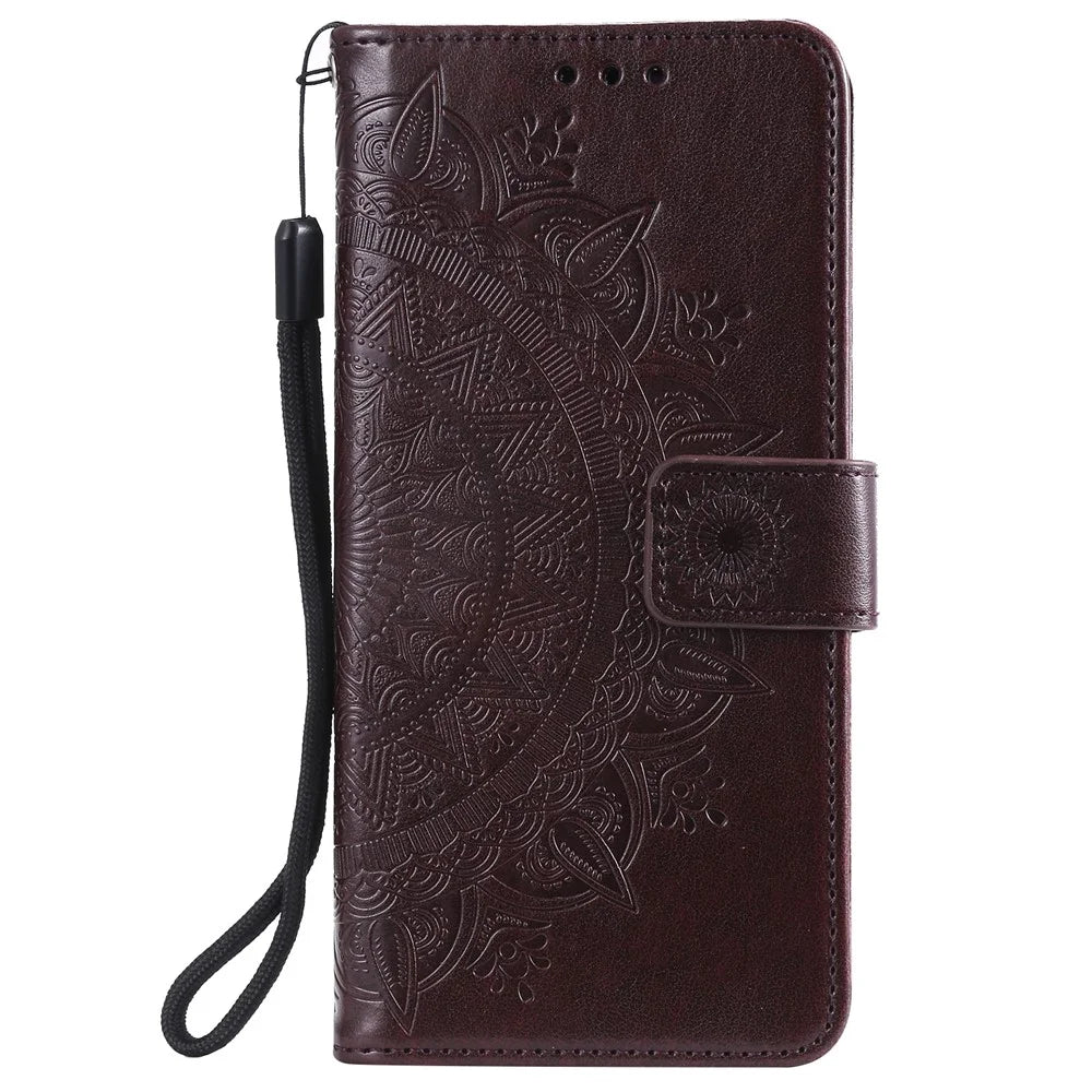 Imprint Flower Leather Wallet Cool Phone Casing for Samsung Galaxy A21s - Brown - 2
