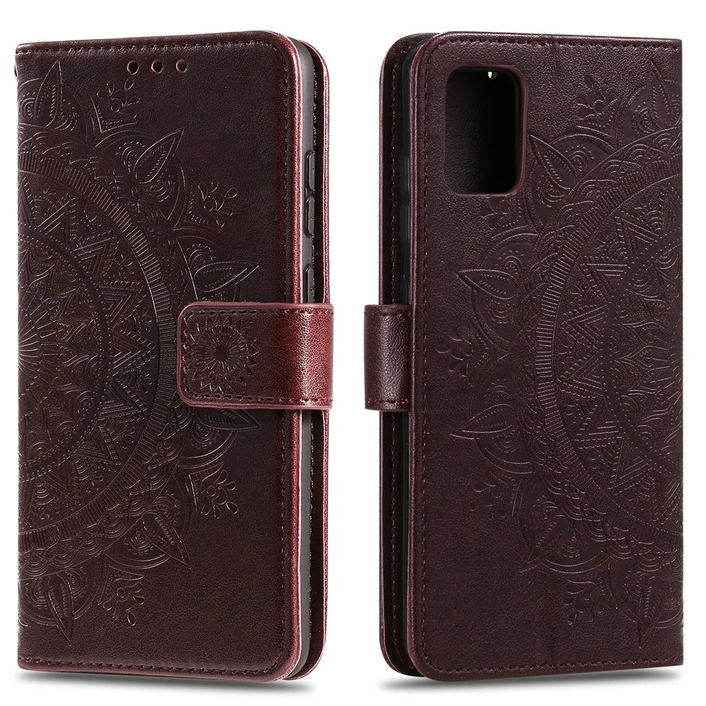 Imprint Flower Leather Cool Wallet Case for Samsung Galaxy A31 - Brown - 1