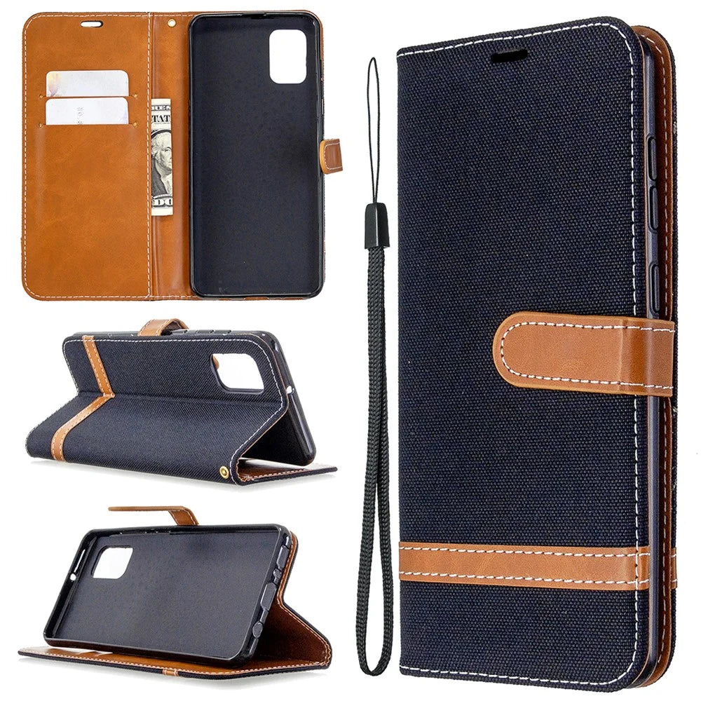 Assorted Color Jeans Cloth Leather Stylish with Wallet Case for Samsung Galaxy A31 - Black - 1