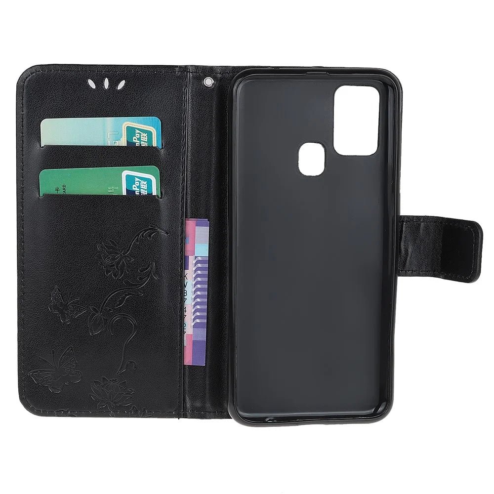Imprint Butterfly Flower PU Leather Case with Strap for Samsung Galaxy A21s - Black - 5