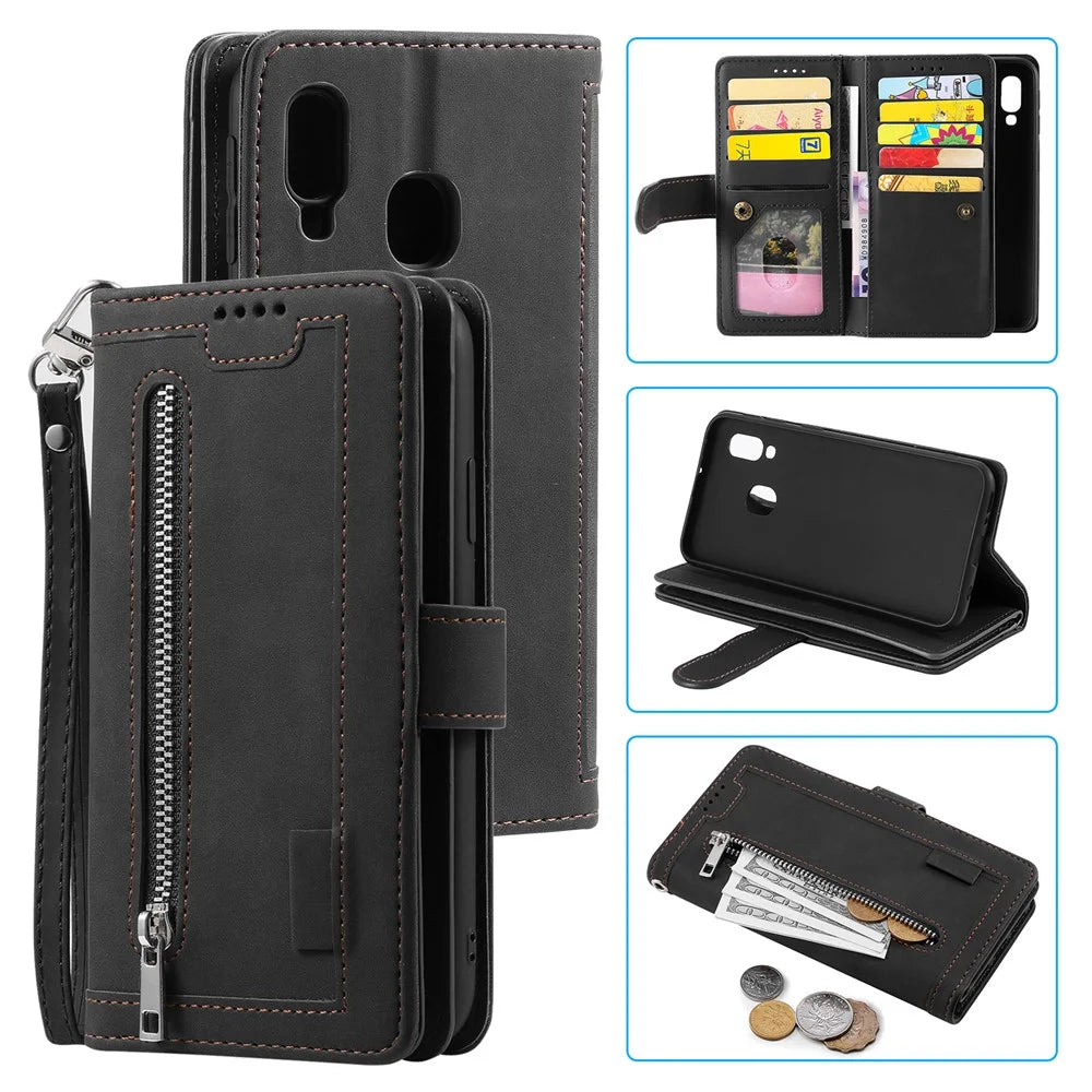 Zipper Pocket 9 Card Slots Leather Wallet Case for Samsung Galaxy A20e - Black - 1