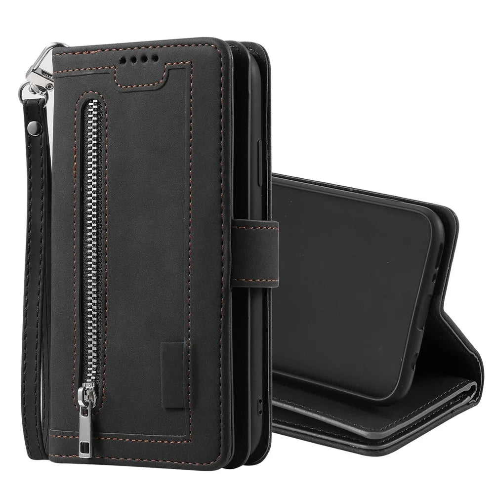Zipper Pocket 9 Card Slots Leather Wallet Case for Samsung Galaxy A20e - Black - 2