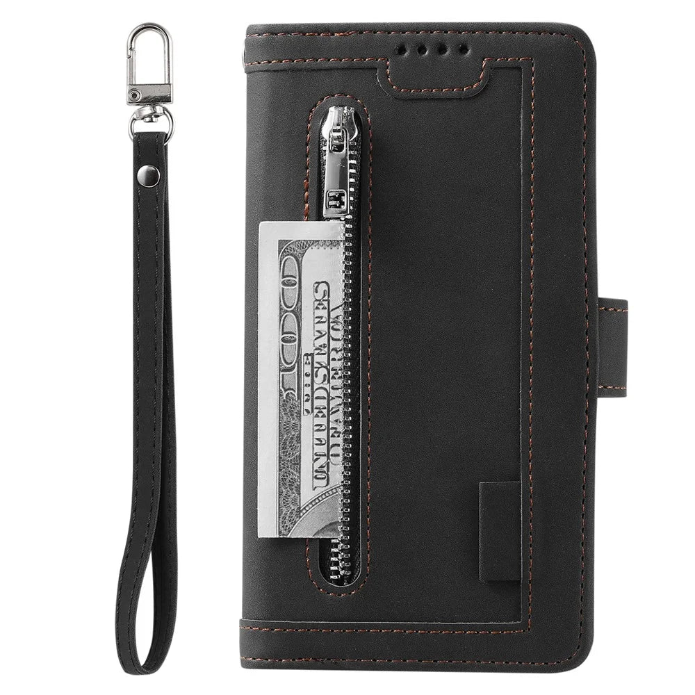 Zipper Pocket 9 Card Slots Leather Wallet Cover for Samsung Galaxy A10 - Black - 4