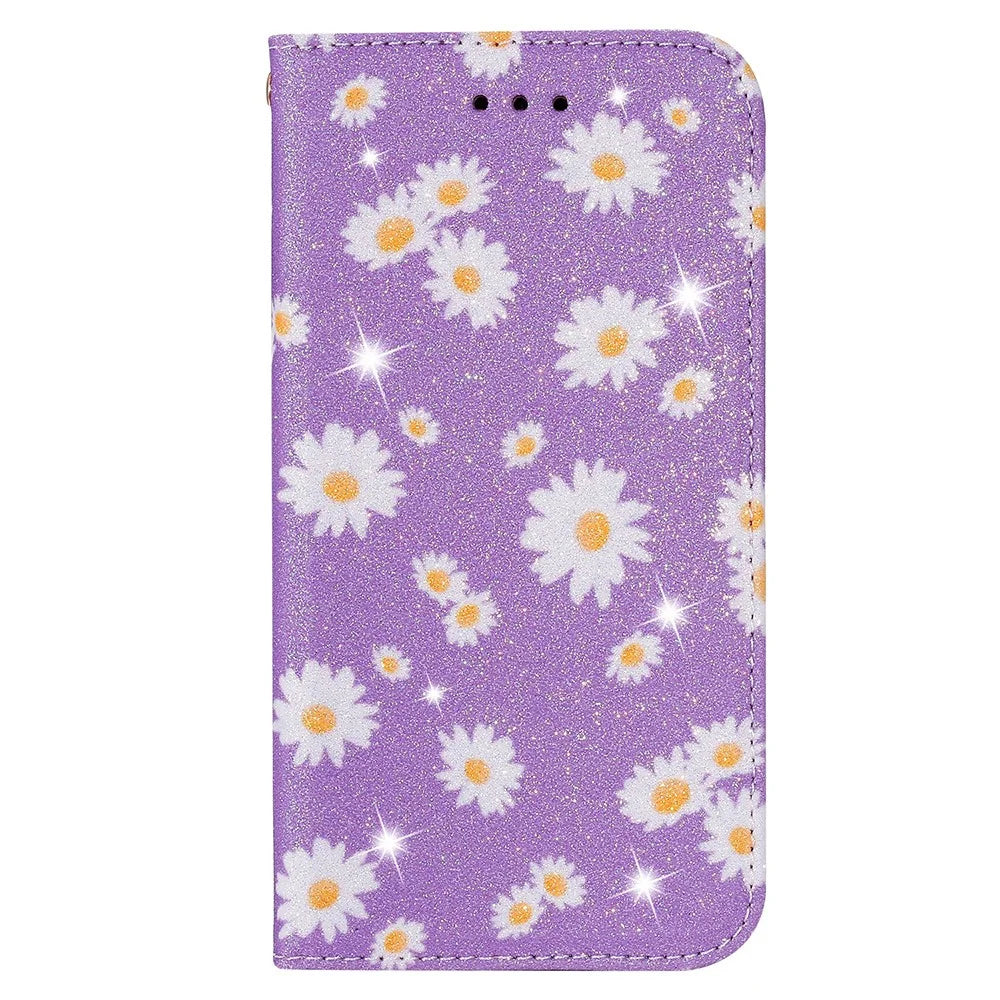 Daisy Pattern Flash Powder Style PU Leather Shell for Samsung Galaxy S20 Plus - Purple - 1