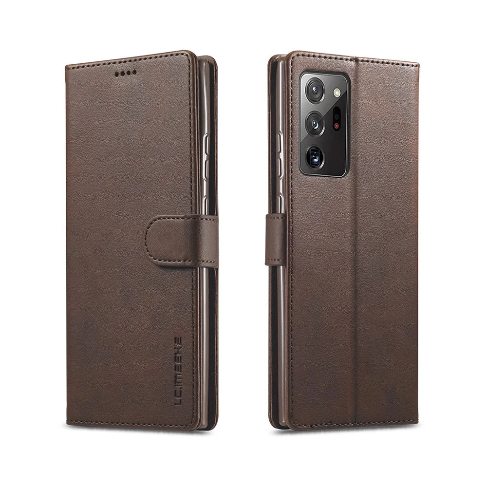 LC.IMEEKE Leather Wallet Stand Cover Phone Case for Samsung Galaxy Note20 Ultra/20 Ultra 5G - Coffee - 1