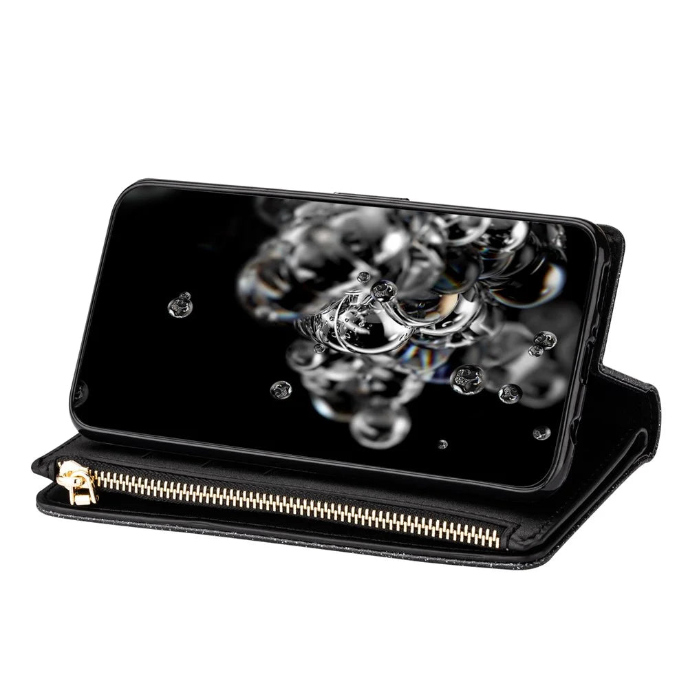 Glittery Starry Style Laser Carving Zipper Leather Case for Samsung Galaxy Note20 Ultra/Note20 Ultra 5G- Black - 3
