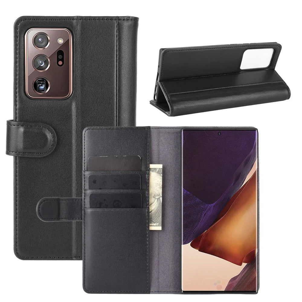 For Samsung Galaxy Note20 Ultra / Note20 Ultra 5G Phone Cases Genuine Split Leather Wallet Mobile Cover Stand - Black - 1