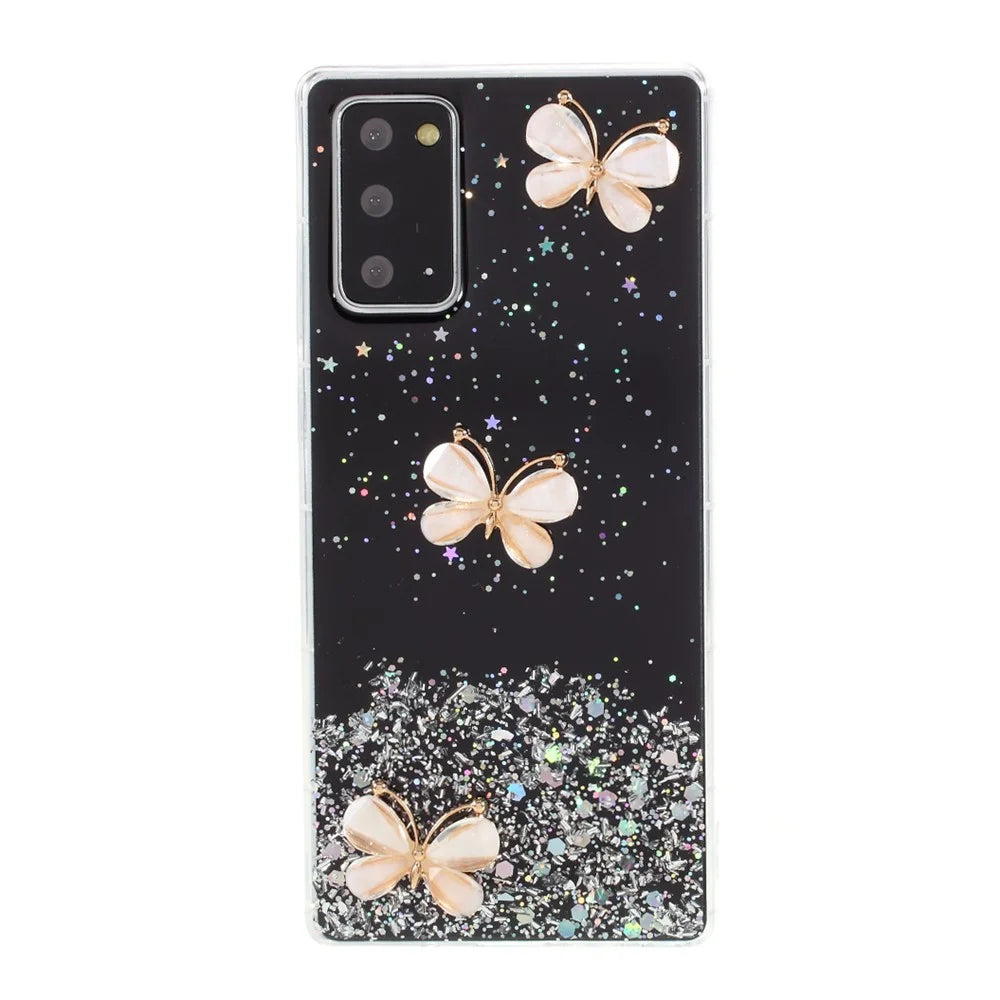 3D Butterfly Rhinestone Decor Epoxy TPU Cover for Samsung Galaxy Note20 4G/5G - Black - 1