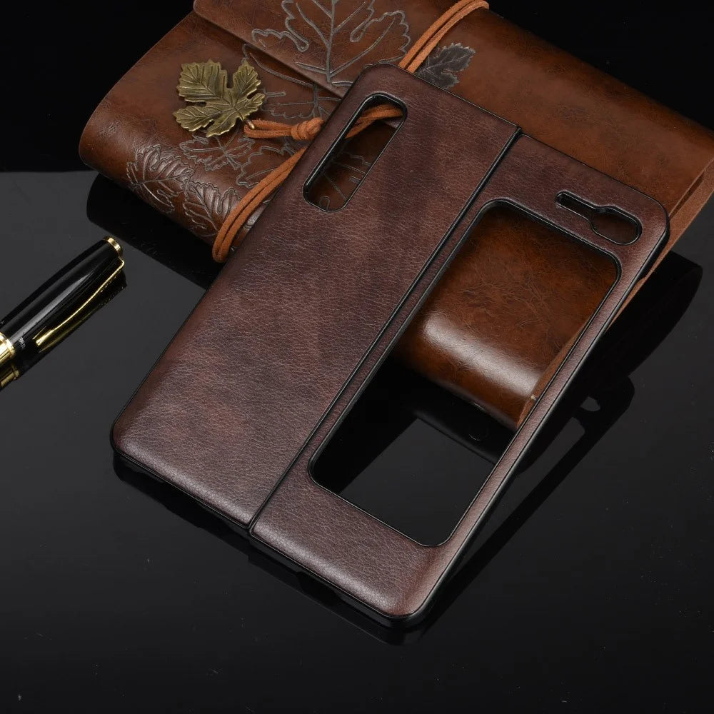 Litchi Skin Leather Coated PC Phone Back Shell for Samsung Galaxy Fold 4G / Fold 5G / W20 5G - Brown - 5