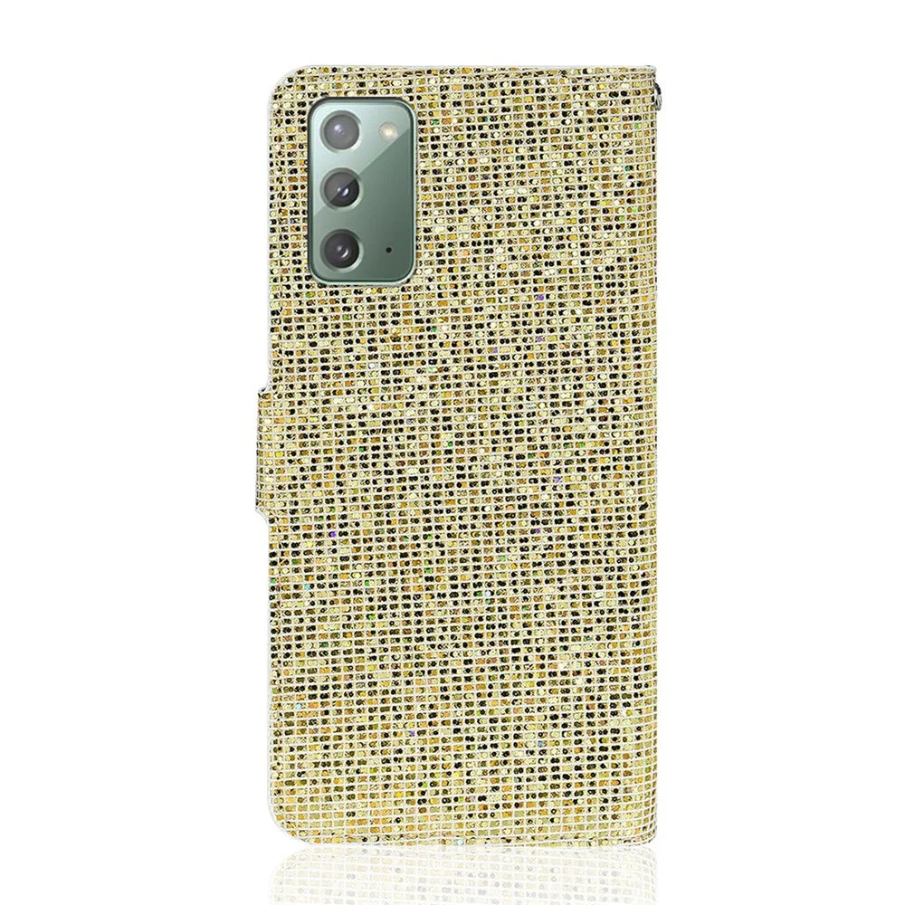 Glittery Powder Splicing Wallet Stand Leather Shell for Samsung Galaxy Note20 4G/5G - Gold - 2