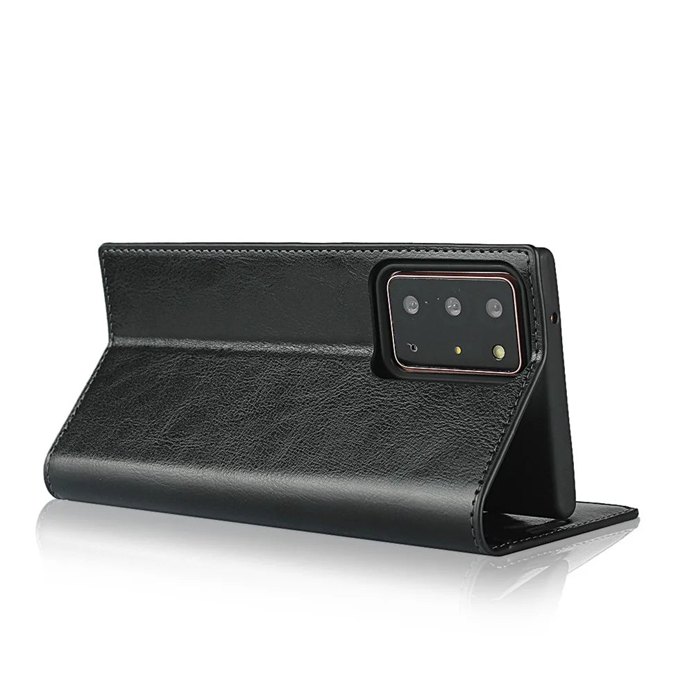 Crazy Horse Genuine Leather Wallet Cover Case for Samsung Galaxy Note20 Ultra/Note20 Ultra 5G - Black - 6